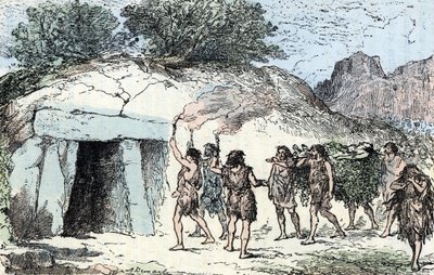 Prehistorie, neolithicum; begrafenisceremonie. Gravure uit 