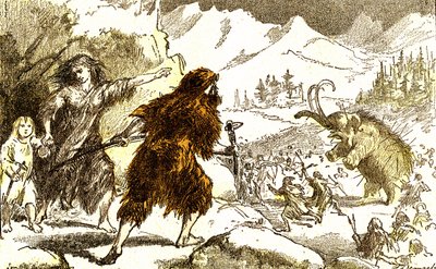 Prehistorie-mammoetjacht. IJstijd: Natuurlijke Creatie en Levensvormen. Tekening door A. Demarle. 1885 door Alphonse Demarle