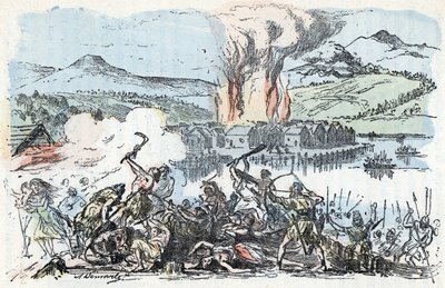 Prehistorie: oorlogsscène aan het begin van de ijzertijd, brand van de paalwoning nederzettingen Gravure uit 