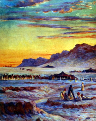 Groep Arabische nomaden in de woestijn. door Nasreddine Dinet (Alphonse-Étienne Dinet). 1861 – 1929. een Franse oriëntalist schilder 1918 door Alphonse Etienne Dinet