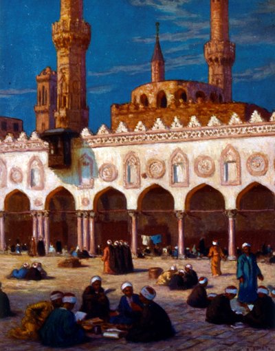 Illustratie van geleerden en studenten die studeren aan de Al Azhar Universiteit door Alphonse Etienne Dinet