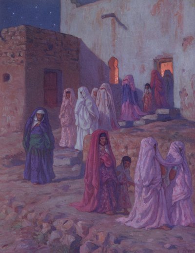 Moslims verlaten de dorpsmoskee op de vooravond van Mouled, illustratie uit een geschiedenis van het leven van de profeet Mohammed, gepubliceerd in Parijs in 1918 door Alphonse Etienne Dinet