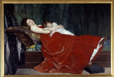 Slapende vrouw en kind slapend. Schilderij door Alphonse Lecadre (1872) door Alphonse Eugene Felix Lecadre