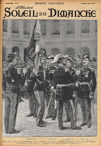 Overhandiging van de commandantskruisen van het Legioen van Eer aan vier generaals (Gosse Dubois, generaal Colonna, generaal Toulza, generaal Dalstein) door generaal Brugere. Gravure door Lalauze voor 