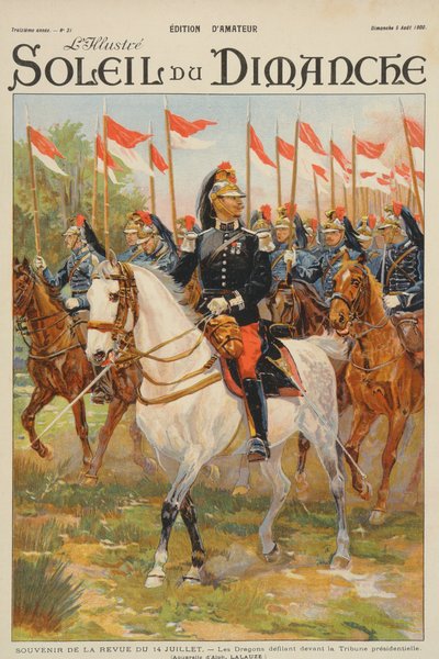 Review van 14 juli, Dragon regiment paradeert voor de presidentiële tribune, illustratie van de omslag van 