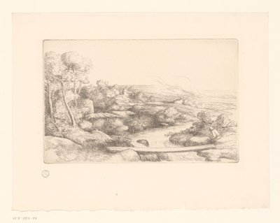 Landschap met plank over een rivier (La passerelle) door Alphonse Legros (attributed to)