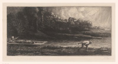 Landschap met trekschuit door Alphonse Legros (signed by artist)