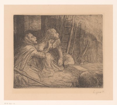 Twee opkijkende geknielde vrouwen door Alphonse Legros (signed by artist)