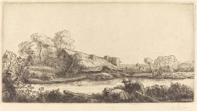 Boerderij langs de rivier gezien bij avondlicht door Alphonse Legros