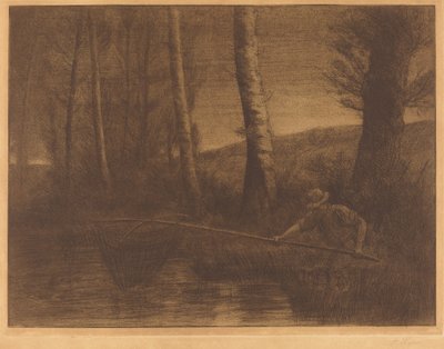 Visser met een hoepelnet La peche a la truble door Alphonse Legros