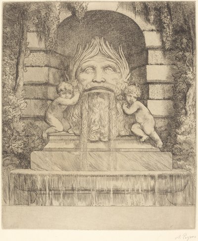 Fontein: Grotesk, Kinderen en Bekken Une fountaine: Masque, enfants et bassin door Alphonse Legros