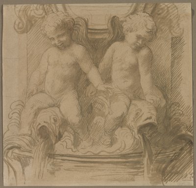 Fontein met putti die op dolfijnen rijden door Alphonse Legros