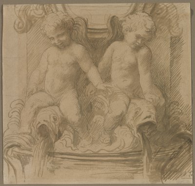 Fontein met putti die op dolfijnen rijden, tweede helft 1800s door Alphonse Legros