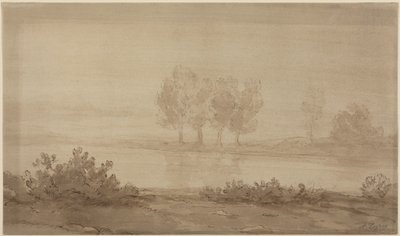 Landschap - vier bomen aan de overkant van een rivier door Alphonse Legros