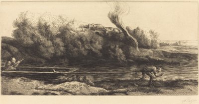 Landschap met boot, 2e plaat (Paysage au bateau) door Alphonse Legros