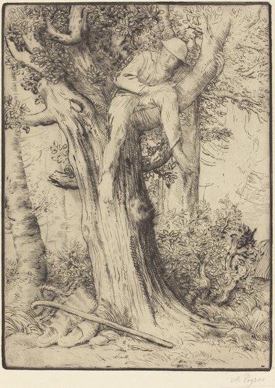 Landschap met een jongen in een boom door Alphonse Legros