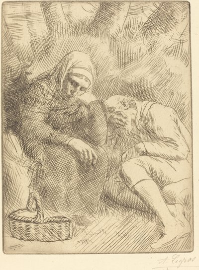 Man en vrouw zittend langs de weg met een mand Homme et femme assis au bord door Alphonse Legros