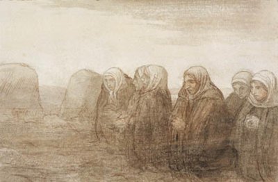 Zes boerinnen in gebed op een herfstveld door Alphonse Legros