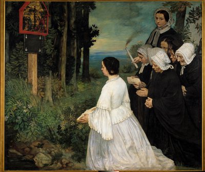 Het ex-voto - Vrouwen (in traditionele Bretonse kostuums?) verzamelen zich voor een ex-voto door Alphonse Legros