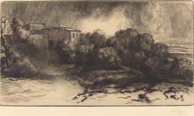 Uitzicht op een Boerderij in een Storm door Alphonse Legros