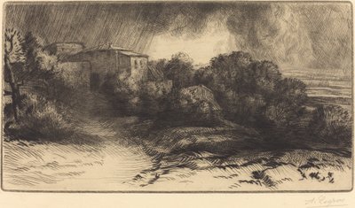 Uitzicht op een boerderij gezien in een storm door Alphonse Legros