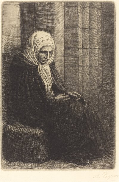 Vrouw zittend tegen een muur, kind met zijn hoofd in haar schoot door Alphonse Legros