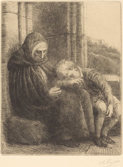 Zittende vrouw tegen een muur, kind met zijn hoofd in haar schoot Femme assise, muraille... door Alphonse Legros