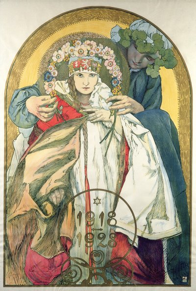 10e Verjaardag van de Onafhankelijkheid van de Republiek Tsjechoslowakije door Alphonse Marie Mucha