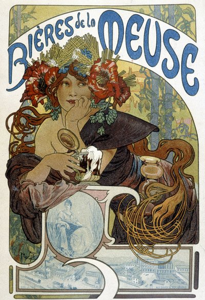 Reclame voor het bier van de Maas. Illustratie van Mucha door Alphonse Mucha