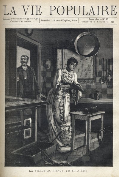 Een elegante vrouw poetst een schoen in de keuken van een huis. Een man opent de deur achter haar. Illustratie door Alfons Maria Mucha door Alphonse Mucha