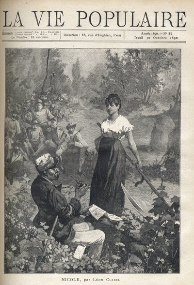 Een oude man leest een brief voor aan een mooie jonge boerin met een zeis. Jagers kijken van een afstand toe. Illustratie door Alfons Maria Mucha door Alphonse Mucha