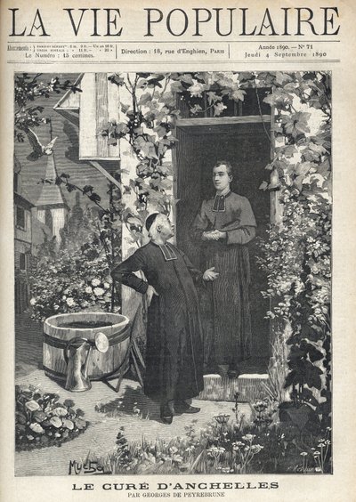 Bij de ingang van de pastorie wordt een behandeling gegeven aan een jongere persoon. De tuin is zeer bloeiend, uitgerust met een tank en een gieter, op de achtergrond is de kerktoren van het dorp te zien. Illustratie door Alfons Maria Mucha (Alphonse Marie door Alphonse Mucha