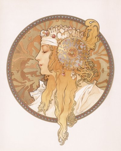 Byzantijns hoofd van een blonde maagd door Alphonse Mucha