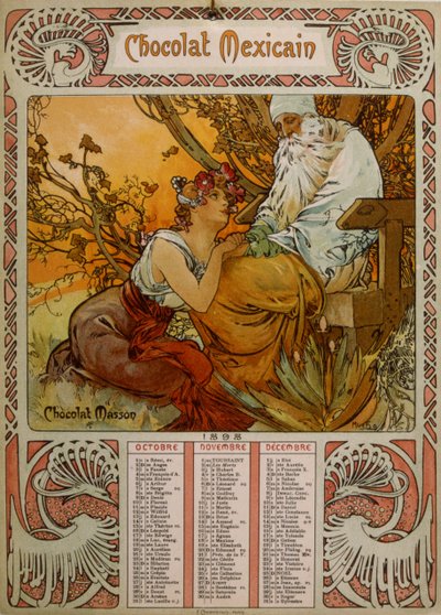 Chocolade Masson kalender geïllustreerd door Mucha (1860 – 1939). een Tsjechische Art Nouveau schilder door Alphonse Mucha