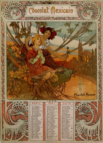 Chocolade Masson kalender geïllustreerd door Mucha (1860 – 1939). een Tsjechische Art Nouveau schilder door Alphonse Mucha