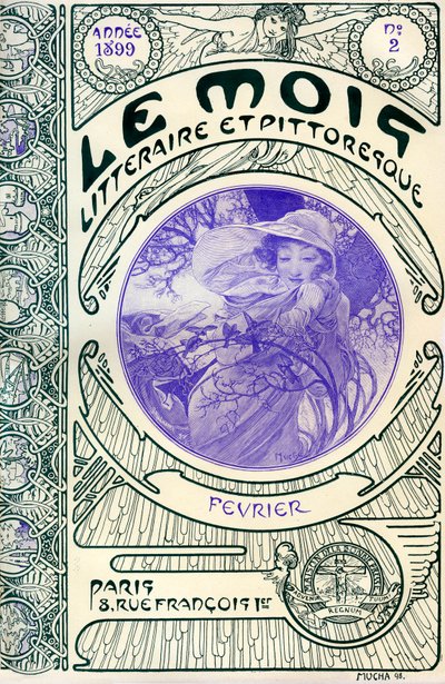 Omslag van het tijdschrift (maandblad) Le Mois litteraire et picturesque door Alphonse Mucha (1860-1939): maand februari 1899 - Maison de la Bonne Presse - door Alphonse Mucha