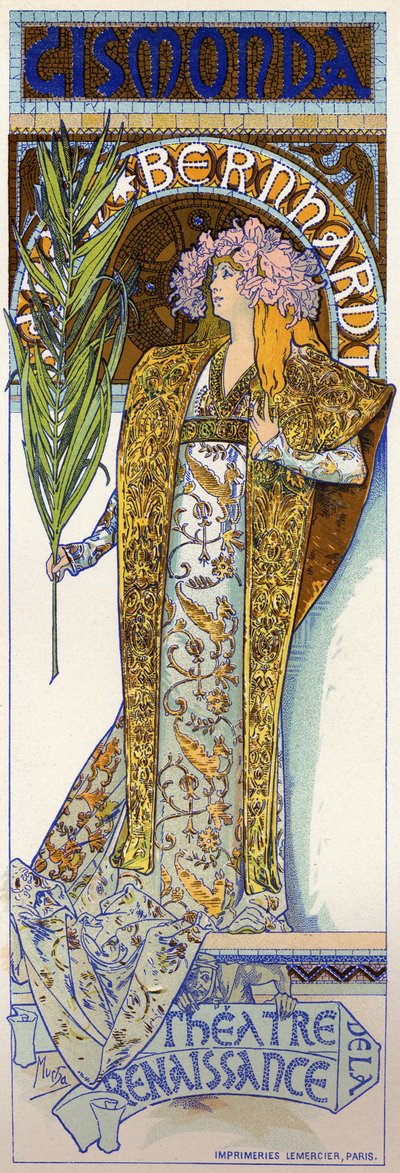 Vermaak. Gismonda, toneelstuk door Victorien Sardou met Sarah Bernhardt in het Théâtre de la Renaissance, Parijs. Poster door Mucha, Frankrijk door Alphonse Marie Mucha