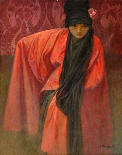 Meisje in rood door Alphonse Mucha