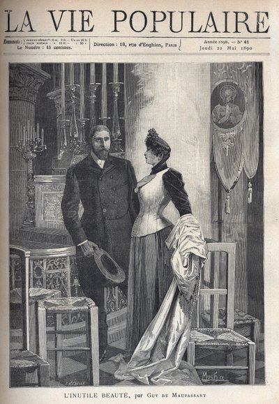 In een kerk staat een mooi en elegant paar op tussen kaarsen en bidt tot God. Illustratie door Alfons Maria Mucha (Alphonse Marie Mucha) door Alphonse Mucha