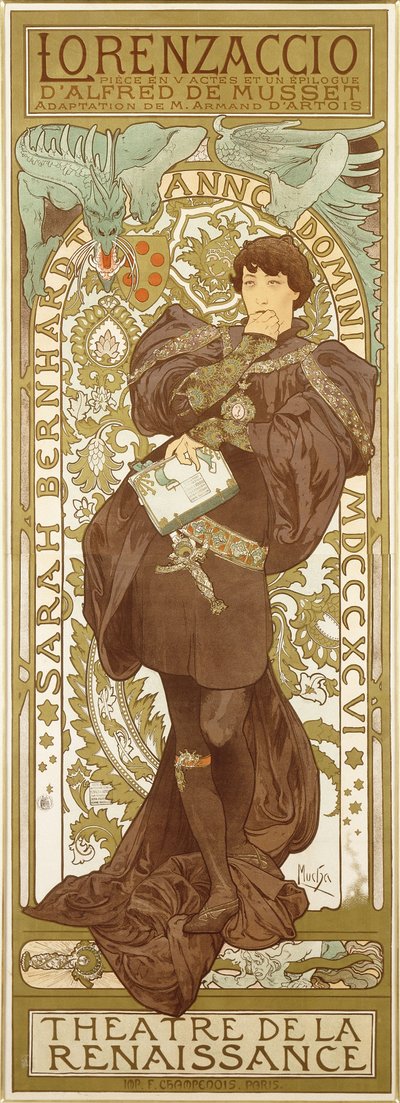 Lorenzaccio, met de staande figuur van Sarah Bernhardt in de rol, 1896 door Alphonse Mucha