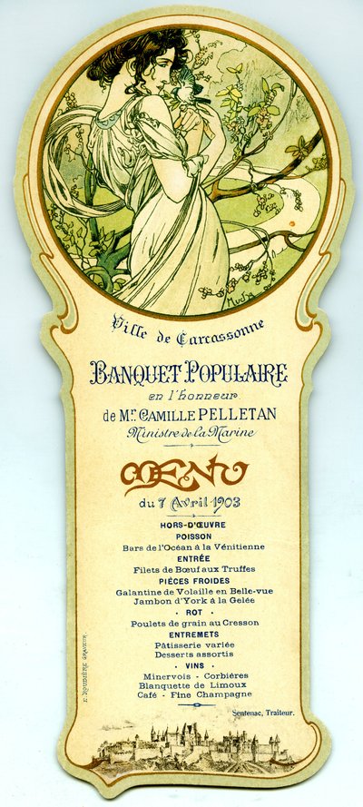 Menu van een populair banket georganiseerd in Carcassonne op 7 april door Alphonse Mucha