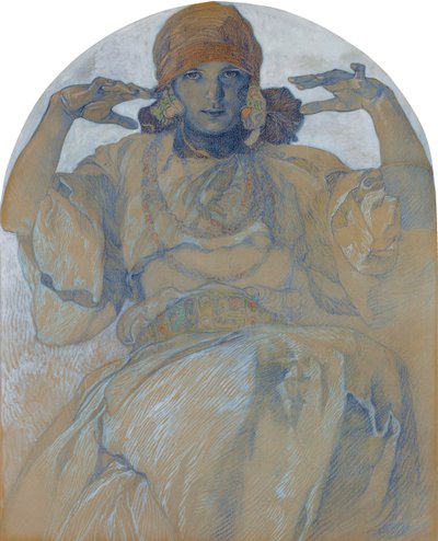 Portret van de dochter van de kunstenaar Jaroslava Muchova (1909-1986) - Schilderij van Alphons Mucha (1860-1939) - rond 1924 - 51x41 cm - Privécollectie door Alphonse Mucha
