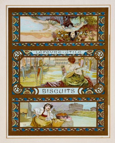 Poster reclame voor "Lefevre-Utile" koekjes door Alphonse Mucha