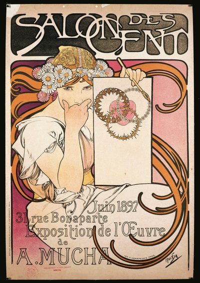 Poster die de tentoonstelling van A. Mucha adverteert in de Salon des Cent door Alphonse Marie Mucha