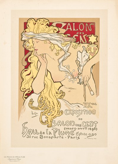 Reproductie van een poster reclame voor de Salon des Cent Exposition door Alphonse Mucha