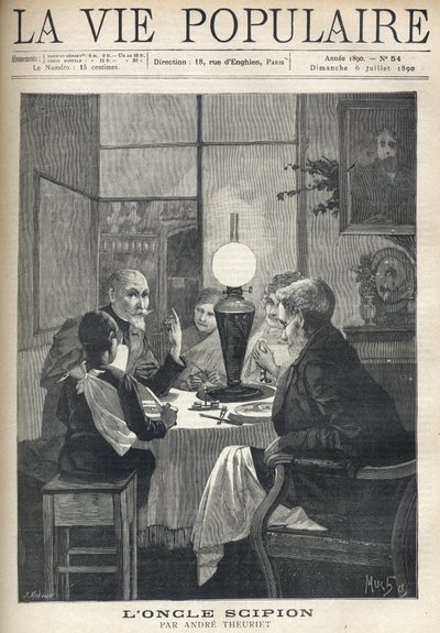 Scène uit het familieleven: rond de eettafel is een familie verzameld, verlicht door een olielamp en luistert aandachtig naar een bezoekende oom, met heldere ogen en hand die de hoogtepunten van zijn verhaal markeert. Illustratie door Alfons Maria Mucha (A door Alphonse Mucha