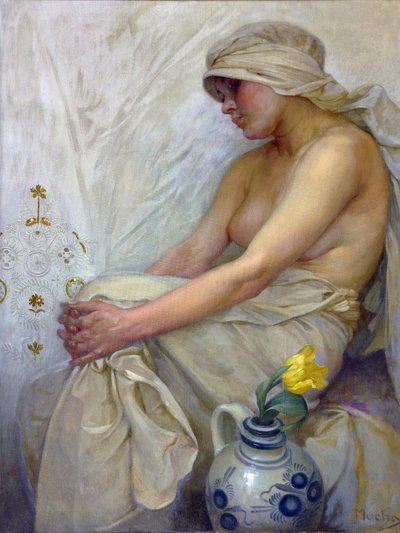 Zittend meisje door Alphonse Mucha