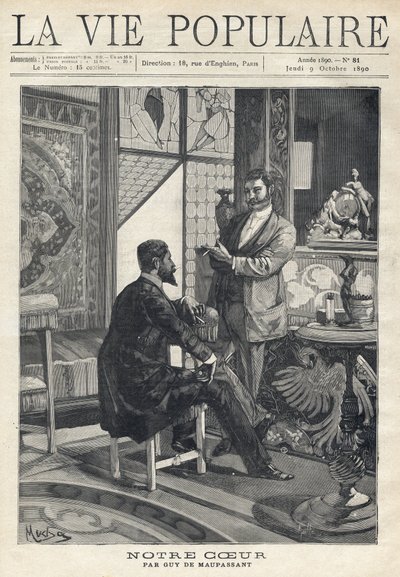 Twee mannen, een zittend en de ander staand, tegenover elkaar en in gesprek, roken sigaretten in een rijkelijk versierde woonkamer (glas-in-loodramen, meubels, kunstvoorwerpen). Illustratie door Alfons Maria Mucha door Alphonse Mucha