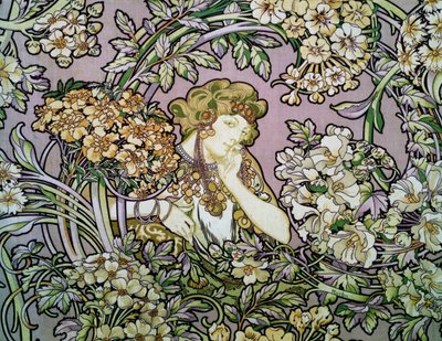 Vrouw tussen bloemen, ca. 1900 door Alphonse Marie Mucha