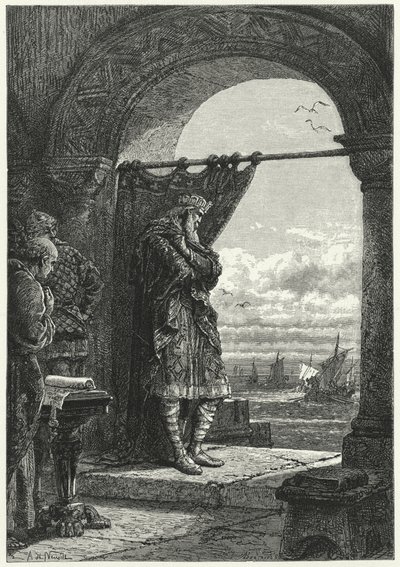 Karel de Grote kijkt angstig naar de naderende schepen met Normandische plunderaars door Alphonse Marie de (after) Neuville